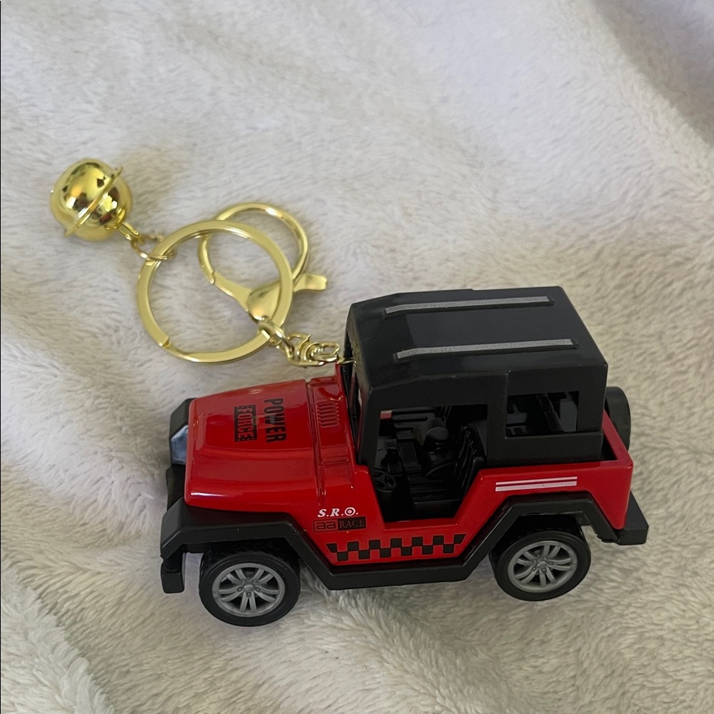 Red and Black Toy Jeep Keychain new with purse clip and bell charm